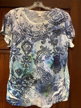 Chico's Blue & Green Crystal Accented Short-Sleeve Scoop Neck Top
